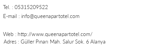 Queen Apart Otel telefon numaralar, faks, e-mail, posta adresi ve iletiim bilgileri